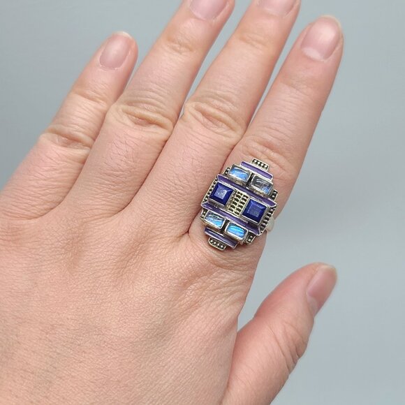 Nicky Butler sterling 925 lapis lazuli moonstone geometric ring purple enamel, 7 - Picture 2 of 10